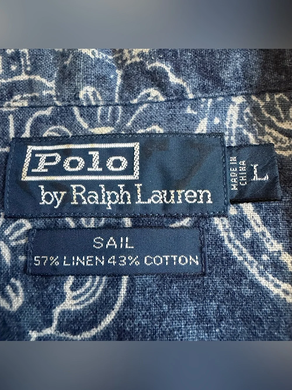 VTG Polo Ralph Lauren Men’s Sail Shirt Sz L Johnny Collar Linen Hawaiian Blue